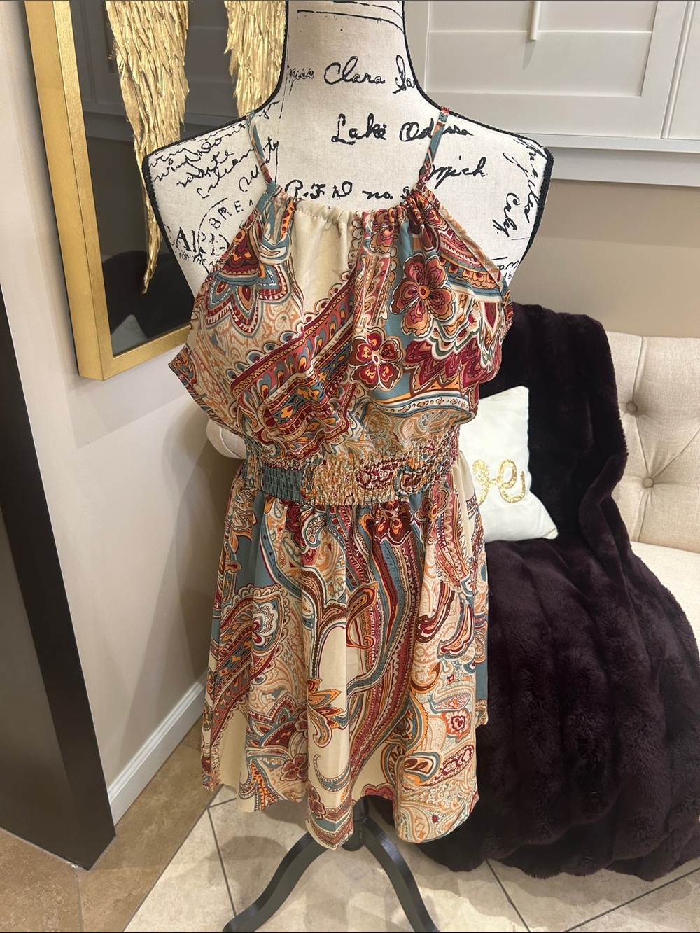 SHEIN Cream Paisley Halter Mini Dress with Red & Teal Accents